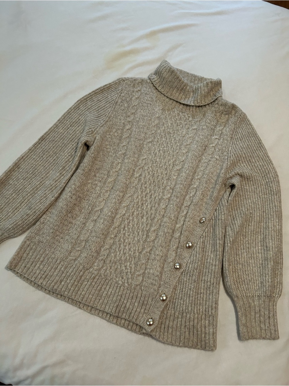 Turtleneck Cable Knit Sweater in Light Beige with Side Button Detail